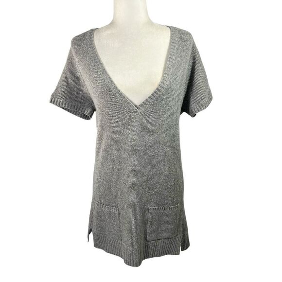 Eileen Fisher Tunic Sweater Top w Short Sleeves Silk Wool Blend Medium Gray Knit - Picture 1 of 12